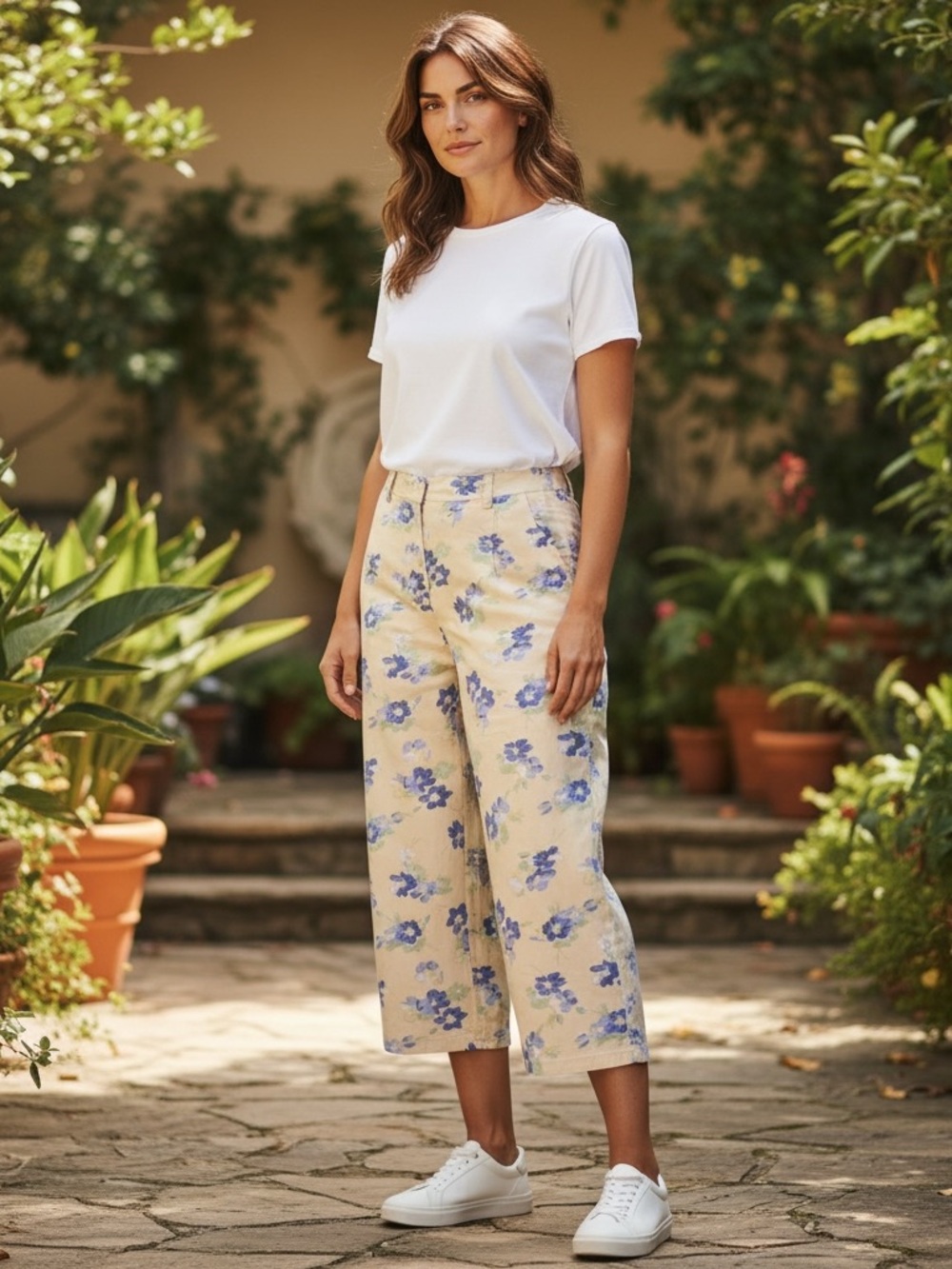 Women's Yellow Floral Wide-Leg Capris
